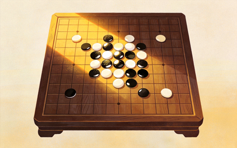 围棋棋盘与黑白棋子交错排列，展示围棋对弈的深邃与优雅